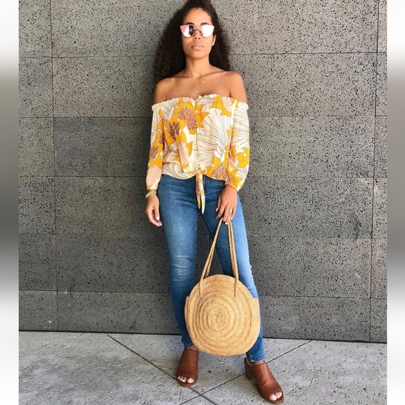 Fighting Eel Ava Sky Top Oceana Cream Palawan Sunflower Blouse Off-Shoulder XS - Picture 4 of 14